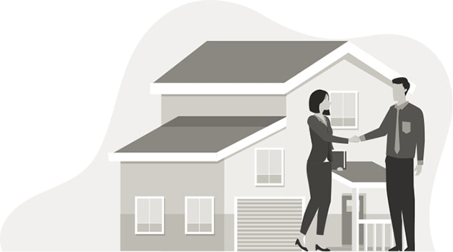 Picture of a house with a Realtor and woman shaking hands