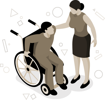 Illustration of a disable person and a woman offering help